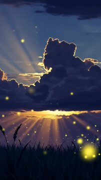 Illustration of Sunset With Golden Sunbeams Through Dark Clouds and Fireflies