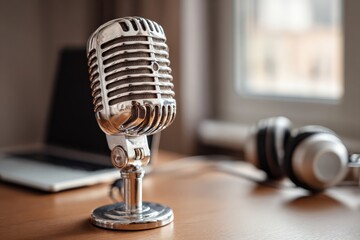Retro-style silver microphone placed on a wooden desk beside an open laptop and headphones in a cozy home recording studio setting