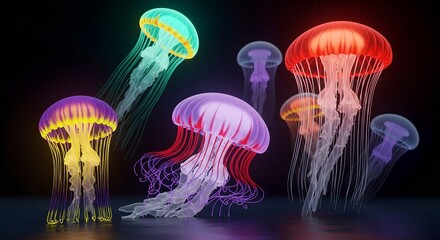 Vibrant Glowing Jellyfish in Dark Water with Reflective Surfaces