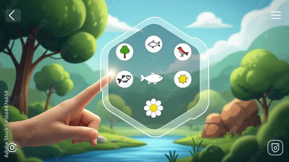 Poster hand interacting with interface showing tree fish bird and plant icons in nature scene view app