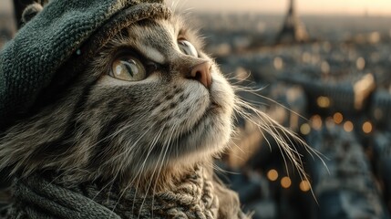 Close-up of a Tabby Cat Wearing a Beret and Scarf, Looking Up at the Eiffel Tower in Paris, France