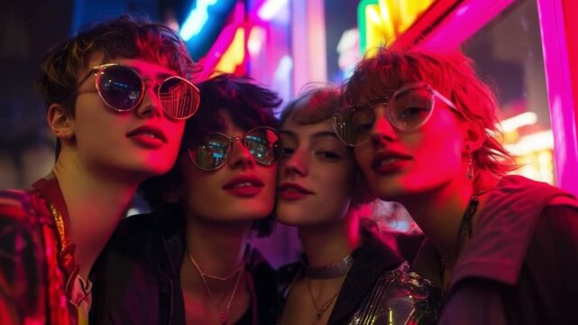 A vibrant gathering under neon lights. Four friends capture moments of joy and style. This footage showcases friendship and nightlife atmosphere. Generative AI
