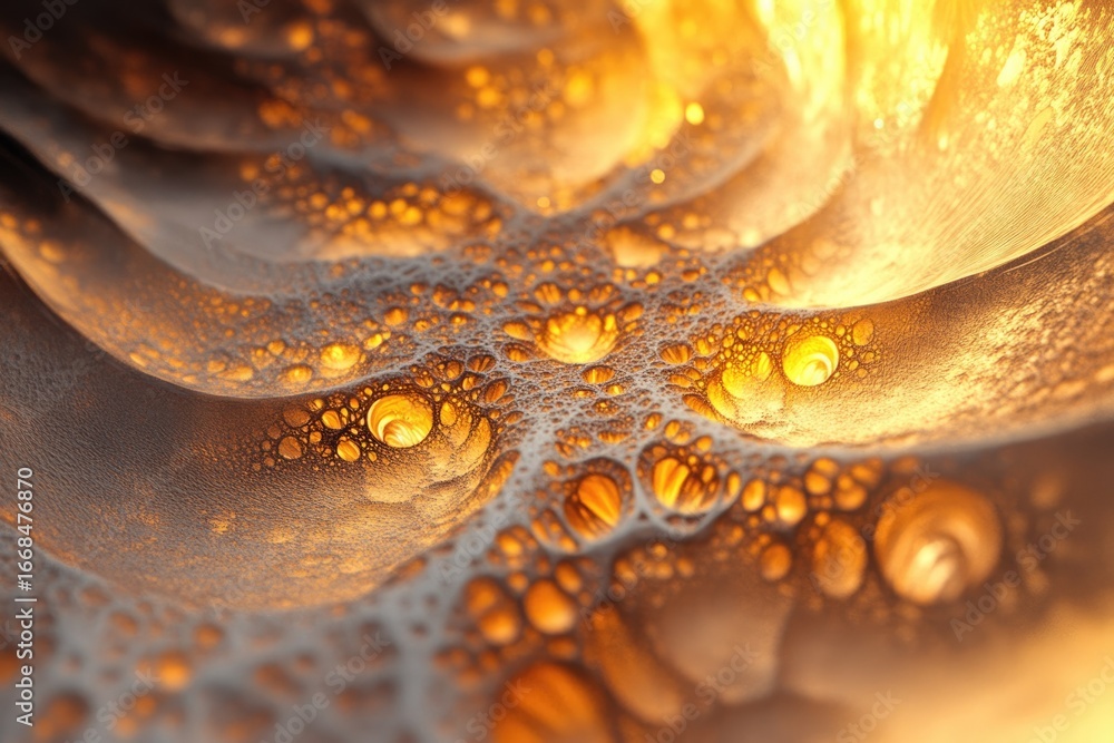Poster abstract image of golden, bubbly texture resembling a landscape or microscopic view.