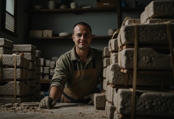 Ceramics slip casting operator standing near stacked molds with straps