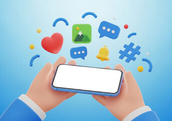 Hands holding smartphone displaying social media icons floating around on a blue gradient background with bokeh