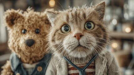 Charming Feline Veterinarian with Teddy Bear Colleague: A Whimsical Portrait of Animal Healthcare and Friendship in a Cozy Setting
