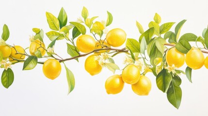 Lemon tree branch with clusters of bright lemons and glossy green leaves, displayed against a crisp white backdrop