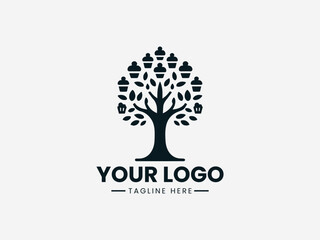 Obraz premium Whimsical tree with cupcake branches and frosting leaves in delightful bakery vector logo