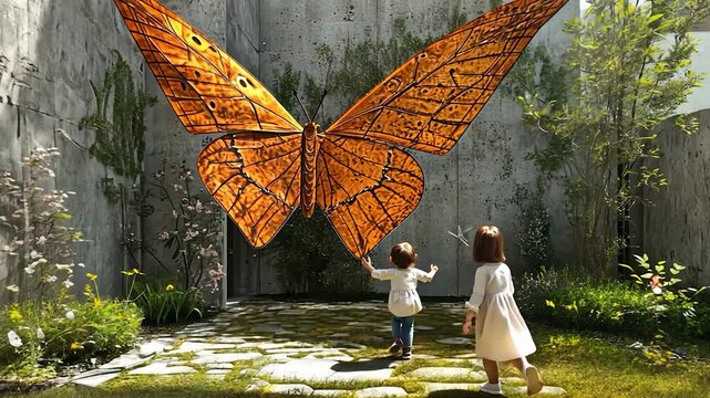 Giant orange butterfly in a garden with children