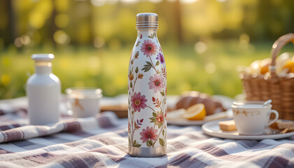 White Stainless Steel Water Bottle with Floral Print Mockup on Picnic Blanket – Eco-Friendly Drinkware Lifestyle