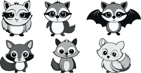set of black and white nocturnal animal cartoons