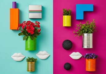 Fototapeta premium Bold Abstract Still Life with Colorful Blocks, Flowers, and Lips on Split Background