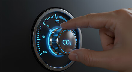 Hand adjusting a CO2 emissions gauge, lowering carbon footprint.