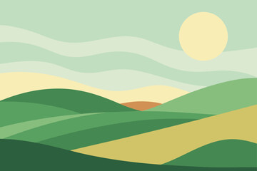 Abstract landscape with green hills and yellow sun
