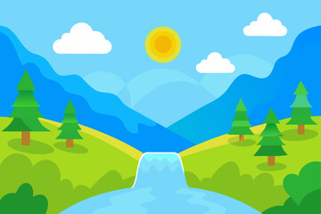 Fototapeta premium Cartoon landscape with waterfall and mountain view