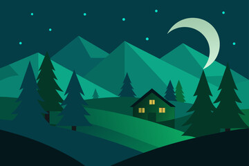 Naklejka premium Night landscape with cabin moon and starry sky
