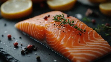This video showcases a beautifully plated salmon fillet. Perfect for cooking tutorials and recipe inspirations. Elevate your culinary skills with this footage. Generative AI
