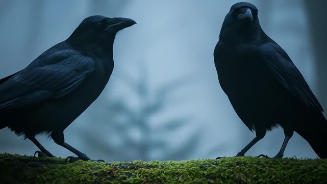 Two crows exploring a mossy surface in a misty forest atmosphere.