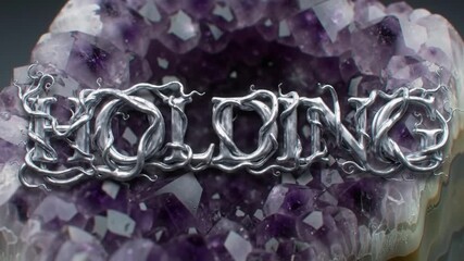 Ornate, metal letters spell a word over a cluster of purple amethyst crystals in a macro, decorative display of nature - Powered by Adobe