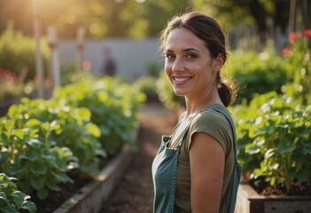 Gardener smiling in allotment gardens, surrounded by lush greenery