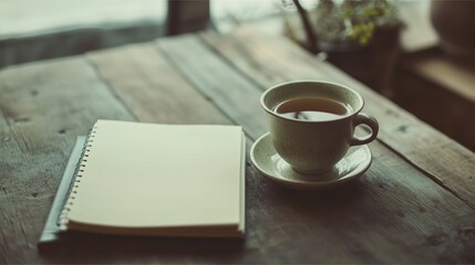 Wellness Journal and Herbal Tea on Wooden Table