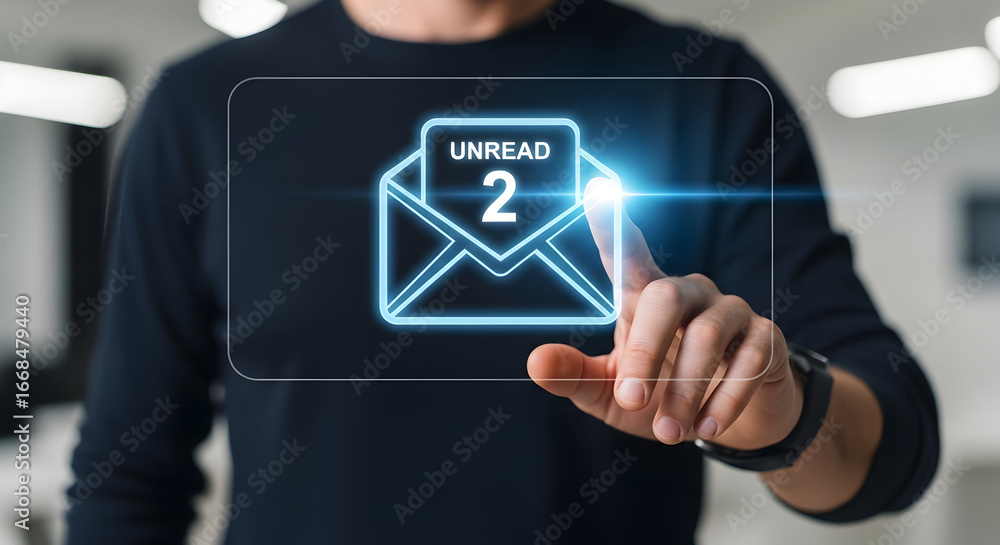Poster professional taps holographic email icon showing two unread messages