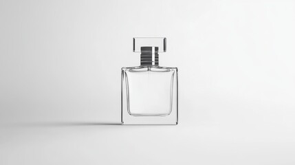 A sleek premium bottle of perfume. The bottle has an elegant shape with square lines that reflect soft light, creating a luxurious effect. on a white background.