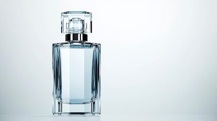 A sleek premium bottle of perfume. The bottle has an elegant shape with square lines that reflect soft light, creating a luxurious effect. on a white background.