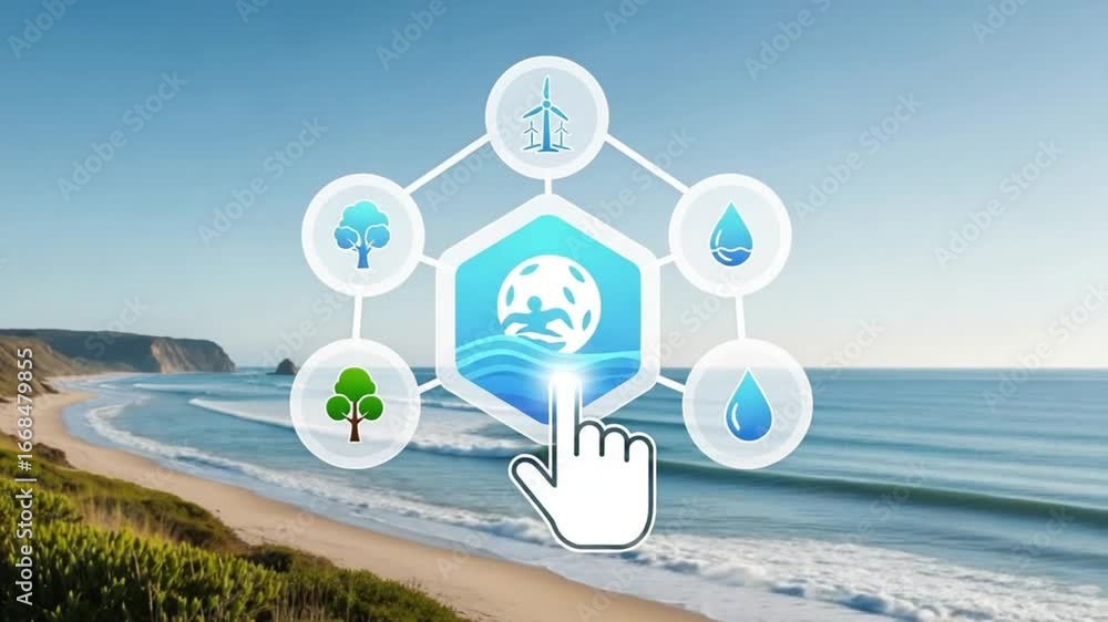 Poster hand clicking on hexagon icon with swimmer on beach background with tree wind and water icons above