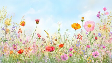 Naklejka premium Tranquil composition of a pale blue sky merging with blooming meadow flowers, creating a peaceful seasonal palette