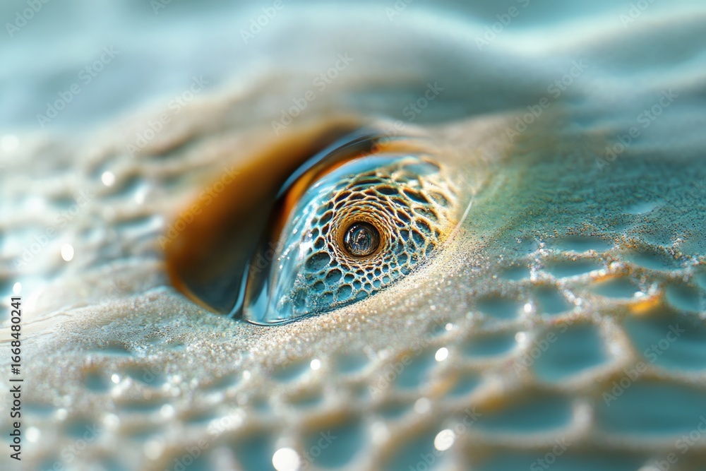 Poster close-up of a reptile's eye submerged in water, showcasing intricate textures and patterns.