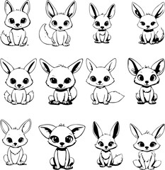 set of black and white fox cartoons
