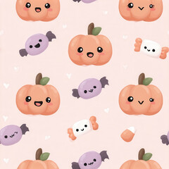 Spooky halloween seamless pattern of happy pumpkins and bats festive ghosts and skulls kawaii style playful environment