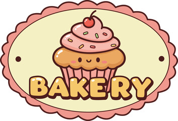 Cute kawaii bakery sign with smiling cupcake and cherry topping vector