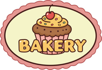 Charming cupcake bakery signage with stylized cherry and scalloped border vector