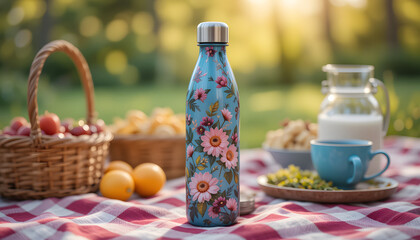 Reusable Floral Stainless Steel Water Bottle Mockup on Picnic Table with Fresh Fruits – Eco-Friendly Lifestyle Design