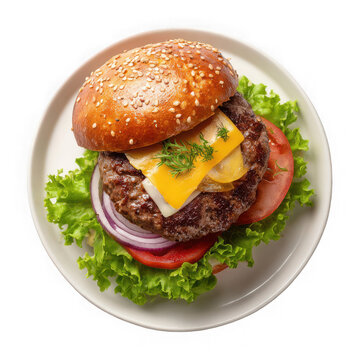 Delicious Burger in plate, side and top view on white background