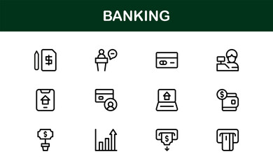 Banking Service Icons – Flat Linear Outline Minimal Vector Symbols of Bank, Credit Card, Loan, ATM, Vault, Money, Finance, Clean Collection for Apps, Web, and Infographics