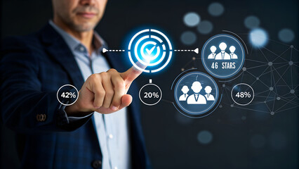 Businessman achieving business goals and targets with modern digital interface, showing success, teamwork and positive results