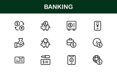 Bank and Finance Vector Pack – Flat Linear Outline Collection of Credit Card, Loan, Money, Vault, ATM, Currency, Minimal Clean Style Icons for Web, UI, and Branding
