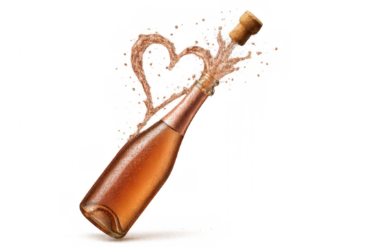 Rose champagne bottle popping with heart shaped splash on transparent background