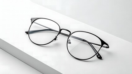 ​A close-up studio shot of a pair of black-rimmed eyeglasses with clear lenses, presented on a white background