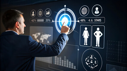 Businessman analyzing data projections on interactive digital screen, showcasing modern technology for business insights and strategic planning