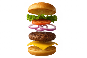 Delicious burger with floating ingredients on transparent background