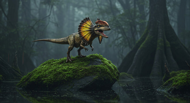 Dilophosaurus in Misty Swamp A Prehistoric Encounter