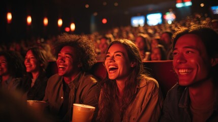 Friends enjoying a movie in a cinema, laughing and having a great time.
