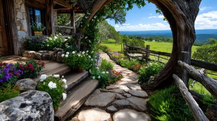 Fototapeta premium Serene Retreat: A picturesque stone pathway leads to a charming home nestled amidst lush greenery, with the natural landscape unfolding in the distance.