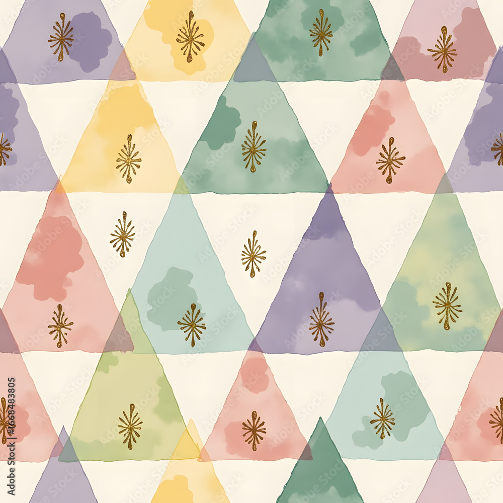 Poster watercolor geometric pattern with overlapping triangles and gold accents.