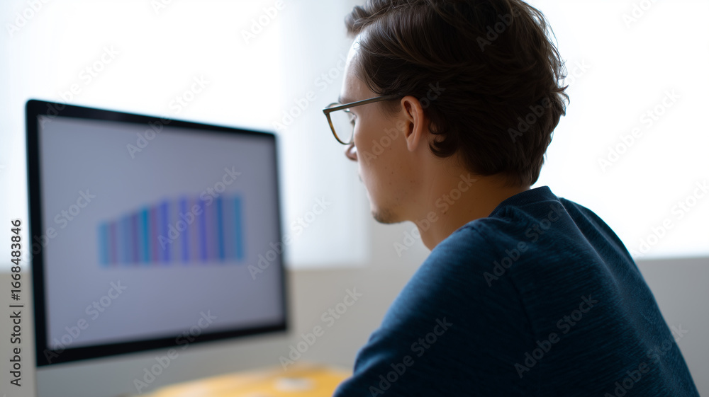 Poster young man analyzing colorful bar chart data on computer screen in modern office, focused and thought