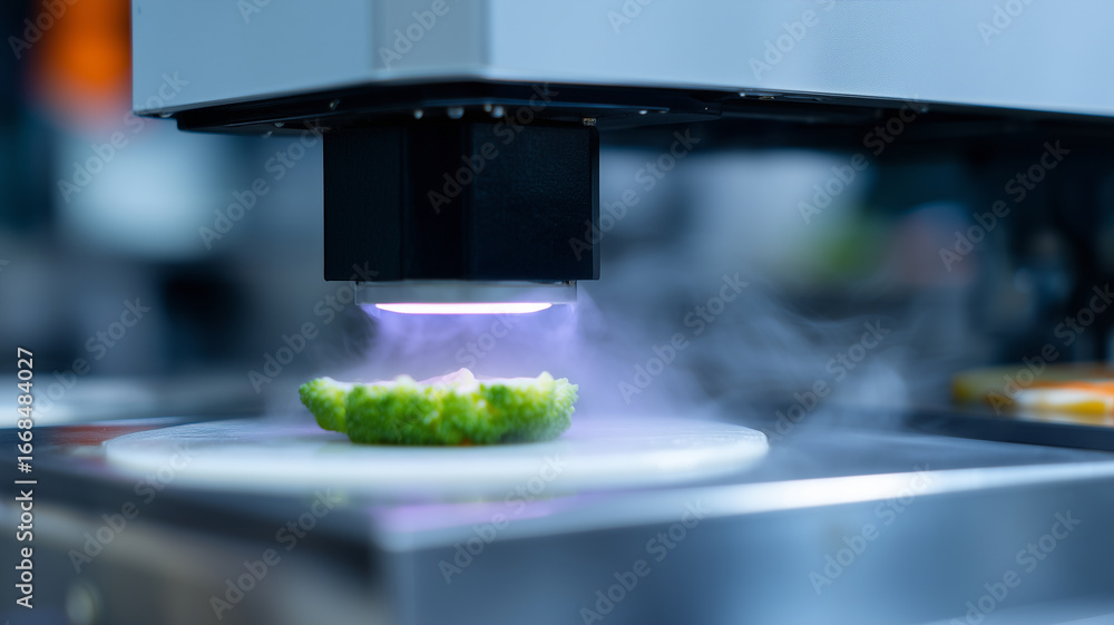 Poster automated machine slicing vegetable with precision, modern technology, food processing, efficiency, 